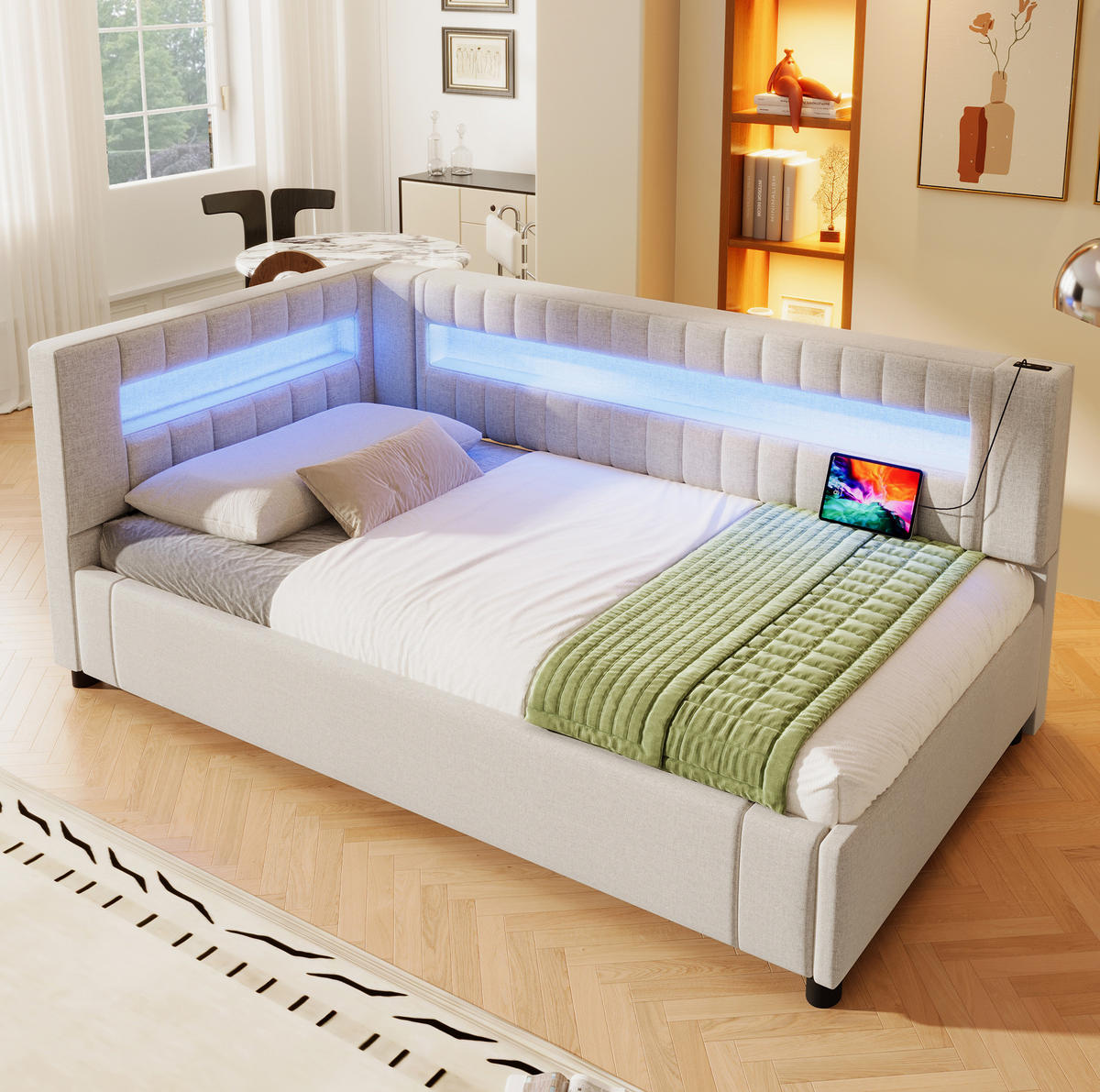 DNEVNI krevet 90/200 cm bež od lana s LED rasvjetom, USB-C i hidrauličnim spremištem - bež, tekstil (90/200cm) - OKWISH