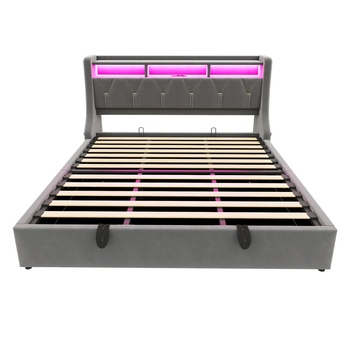 POLSTERBETT 180/200 cm mit LED-Beleuchtung, USB-, Typ-C-Anschluss und hydraulischem Stauraum, Grau - Grau, Textil (180/200cm) - Redom