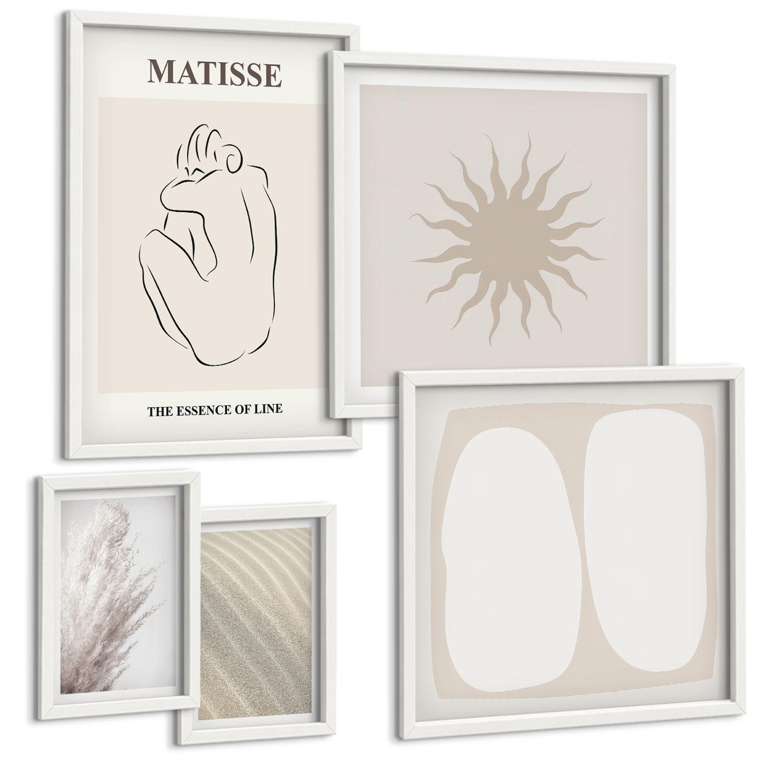 BILDER SET 5er Set - 50x50 cm & 20x30 cm & 40x60 cm Weißer Rahmen - Minimalistische Sandwellen - Weiß, Kunststoff (40/60cm) - TULUP