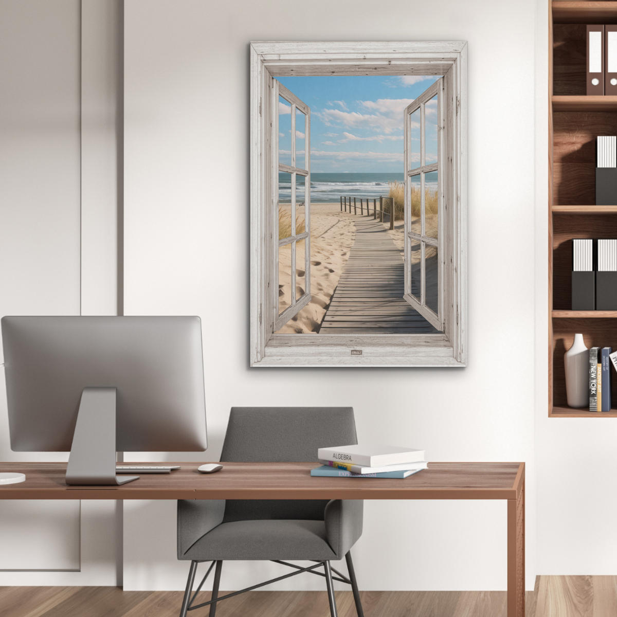AKUSTIKBILD Fenster - Meer - Küste - Natur - Ausblick - Strand - Wattenmeer Wanddeko 60x90 cm - Beige, Kunststoff (60/90/0.9cm) - MuchoWow