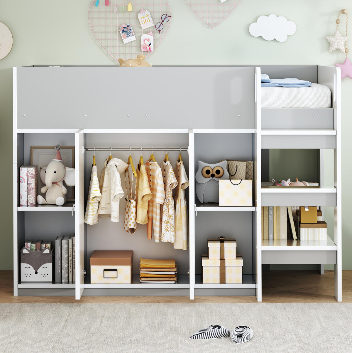 HOCHBETT 90/200 cm in Grau/Weiß – mit Leiter, Schrank und Regalen - Grau, Holz (90/200cm) - BEAOK