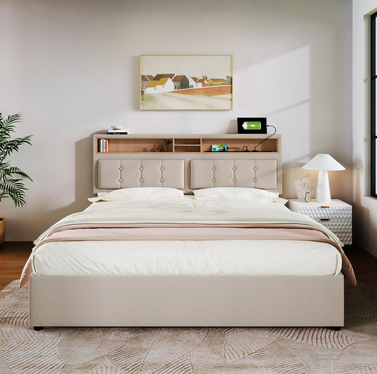 ČALOUNĚNÁ postel 140/200 cm béžová z lnu s matrací úložnými zásuvkami a USB/Typ-C - béžová, textil (140/200cm) - OKWISH