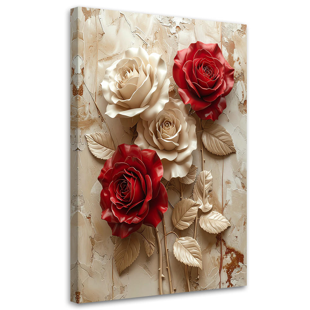 LEINWANDBILDER, Rote und cremefarbene Rosen in einer eleganten 3D-Komposition - Beige, Textil (60/90cm) - Feeby