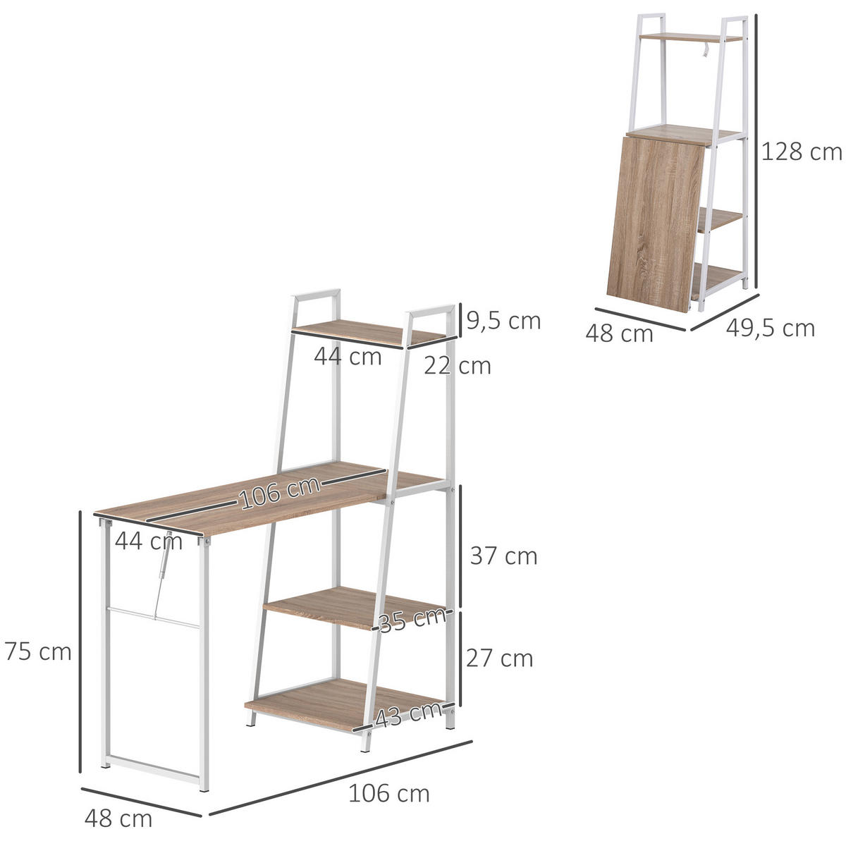 SCHREIBTISCH DE-14825 klappbar mit 4 Ablagen Eiche hell - Eichefarben, Holzwerkstoff (106/48/128cm) - ComfortXL