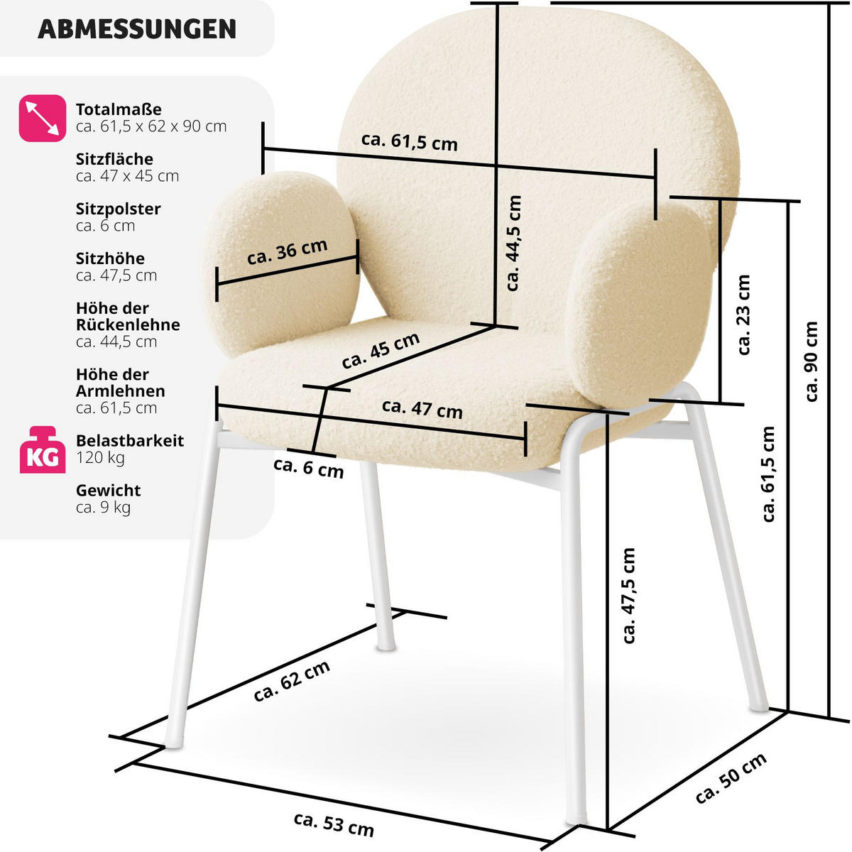 STUHL 1er Set Scandi Belastbarkeit 120 kg 61 5 x 62 x 90 - Creme, Kunststoff (62/90/61.5cm) - tectake