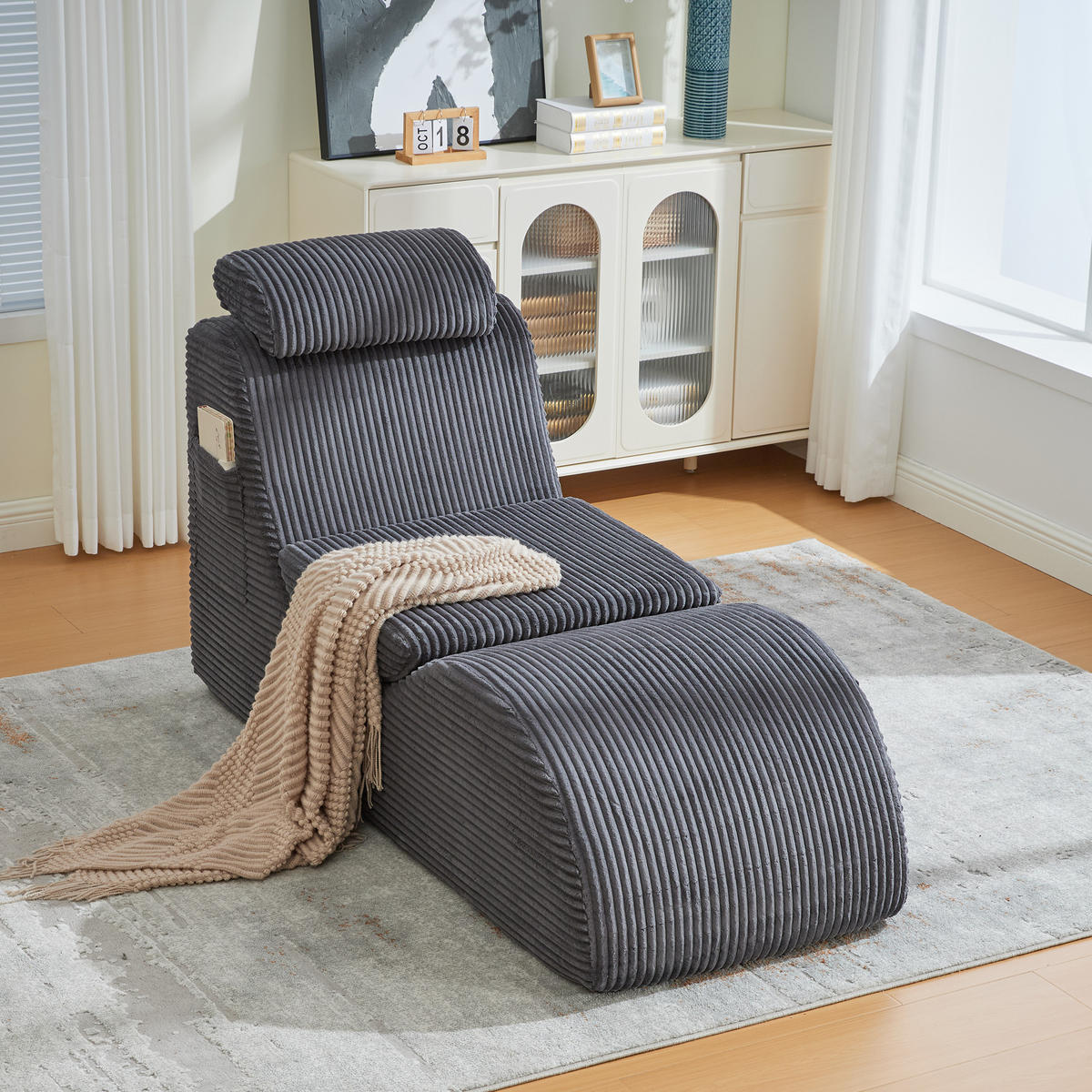 SESSEL Cord Dunkelgrau mit Seitentasche und Kopfkissen - Dunkelgrau, Holzwerkstoff/Textil (66/90/160cm) - WISHDOR