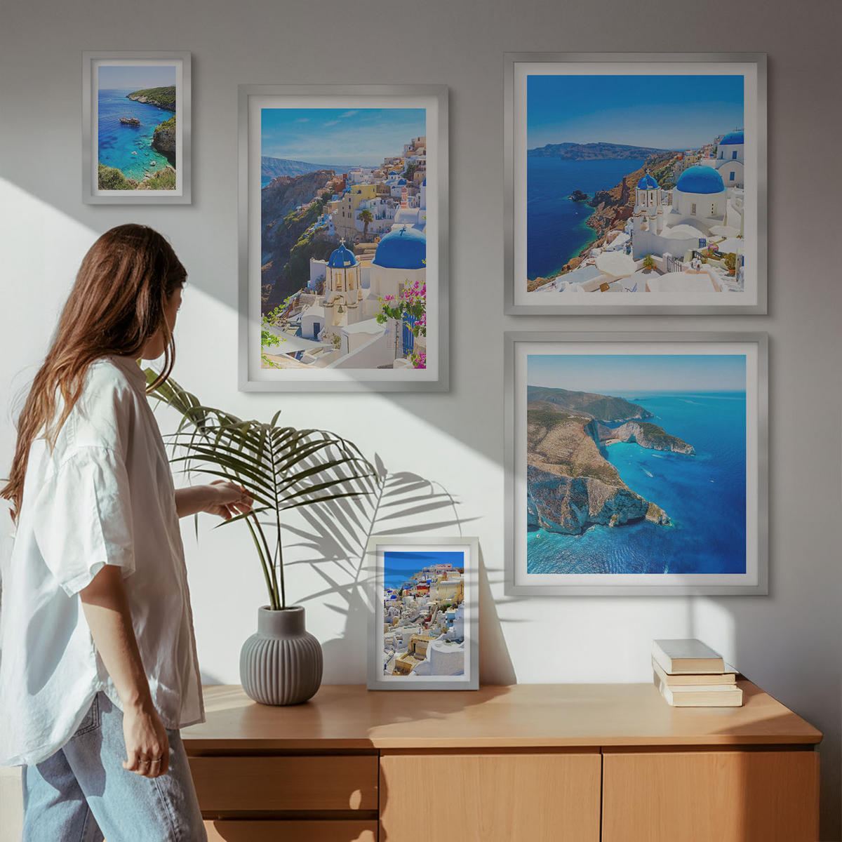 BILDER SET 5er Set - 50x50 cm & 20x30 cm & 40x60 cm Silberner Rahmen - Architekturlandschaft Oia Santorin Griechenland - Silberfarben, Kunststoff (40/60cm) - TULUP