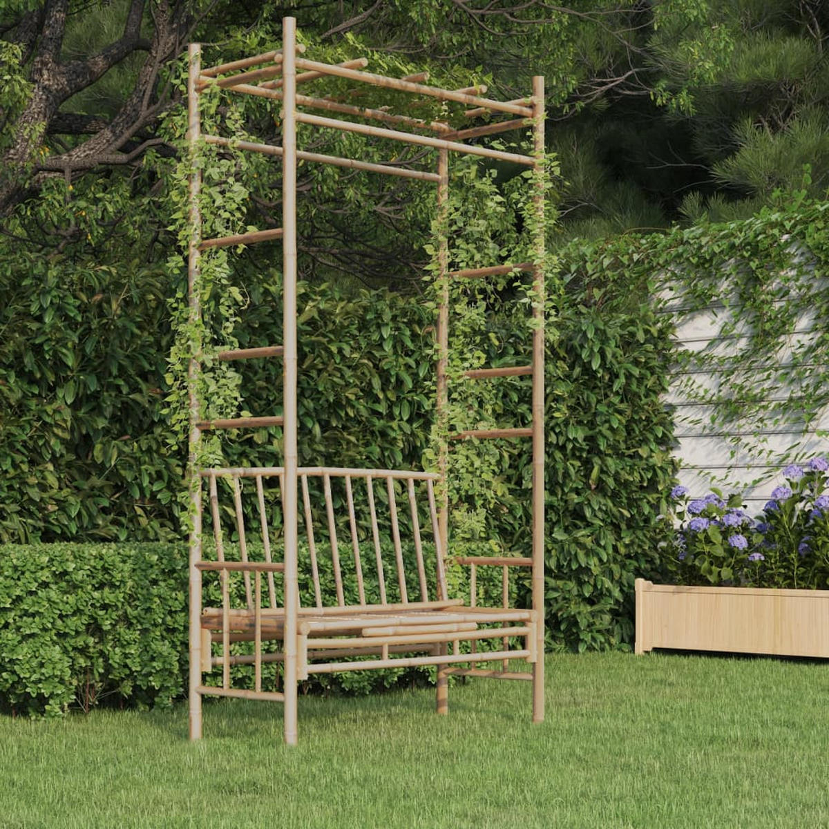 GARTENBANK mit Pergola 116 cm Bambus - Braun, Holz (116/220/52cm) - furnicato