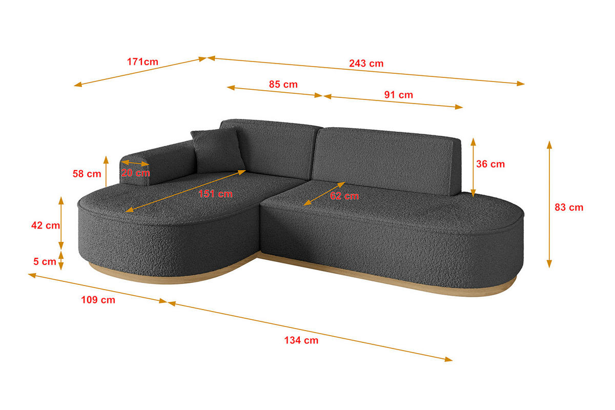 ECKSOFA Ottomane Links MARI-L1-v2 - 243x171x83 cm Grau Bouclé - Grau, Holzwerkstoff/Textil (243/171cm) - ALTDECOR