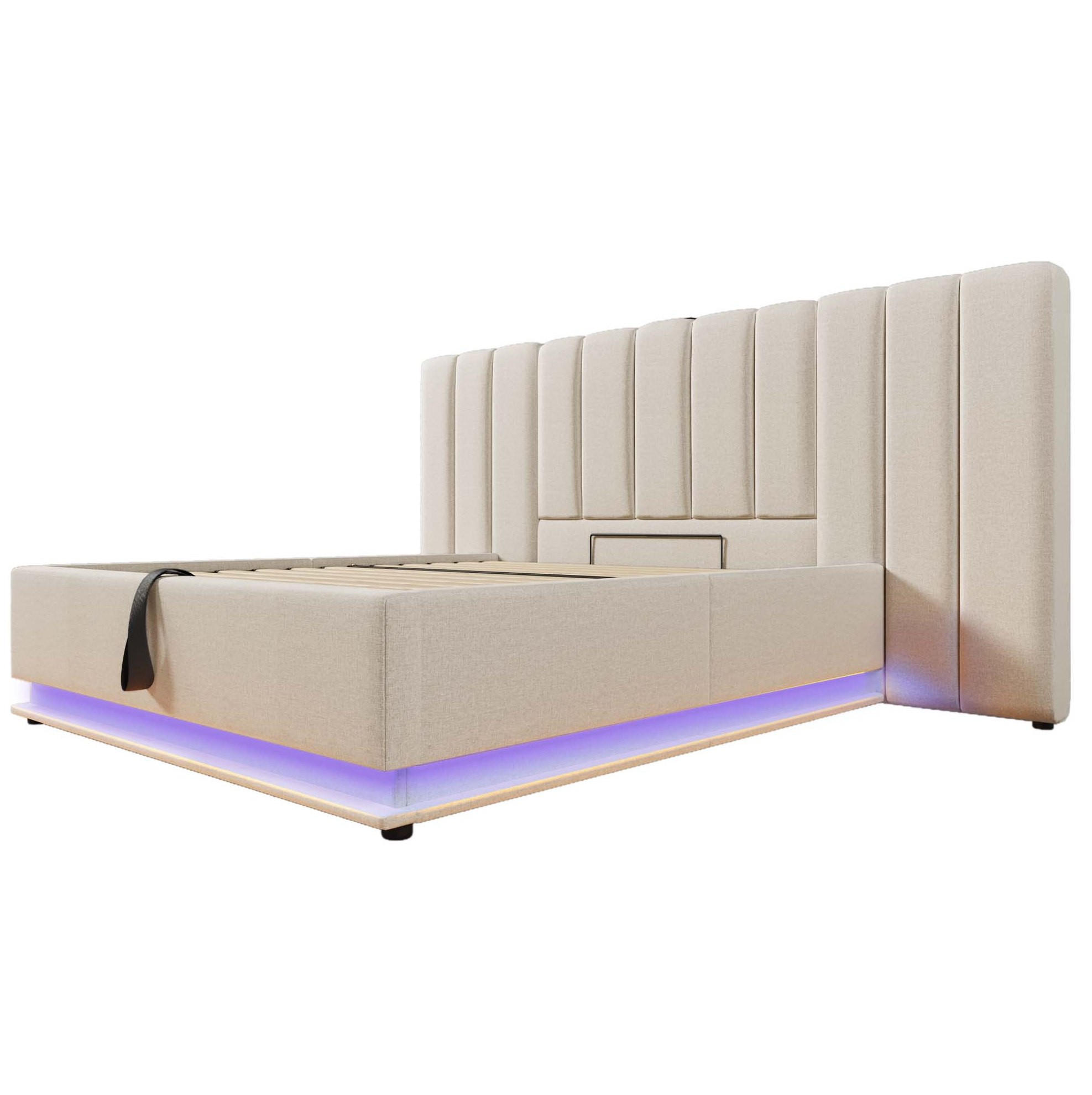 Modfu ČALOUNĚNÁ postel ze lnu 180x200 cm béžová s LED, USB-C, úložným prostorem a matrací