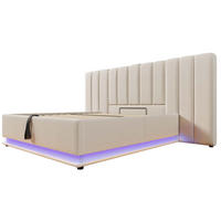 POLNJENA postelja iz lanene tkanine 180x200 cm bež z LED osvetlitvijo, USB-C in hidravličnim prostorom - bež, tekstil (180/200cm) - Modfu