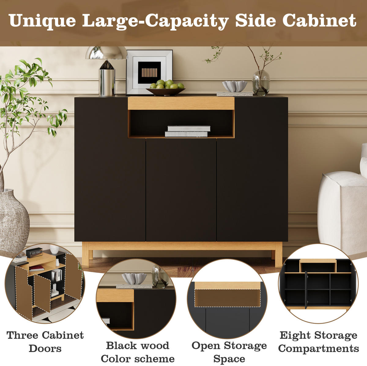 SIDEBOARD 120.5/42/96 cm Schwarz aus Spanplatte mit 3 Türen - Schwarz, Holzwerkstoff (42/96/120.5cm) - OKMYHOME