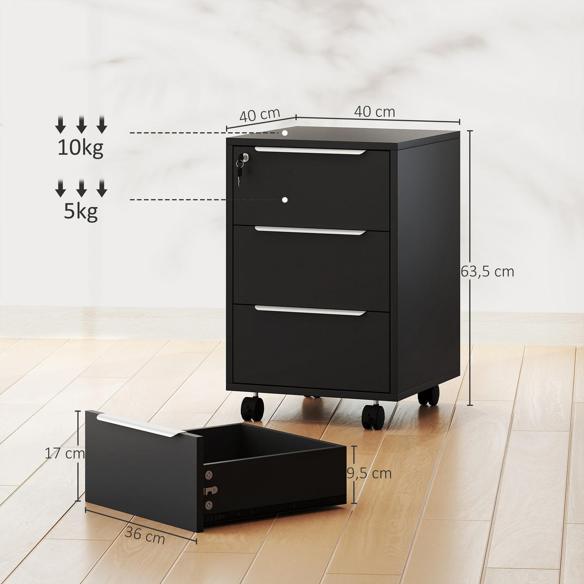 ROLLCONTAINER DE-14472 3 Schubladen abschließbar Schwarz - Schwarz, Holzwerkstoff (40/63.5/40cm) - ComfortXL