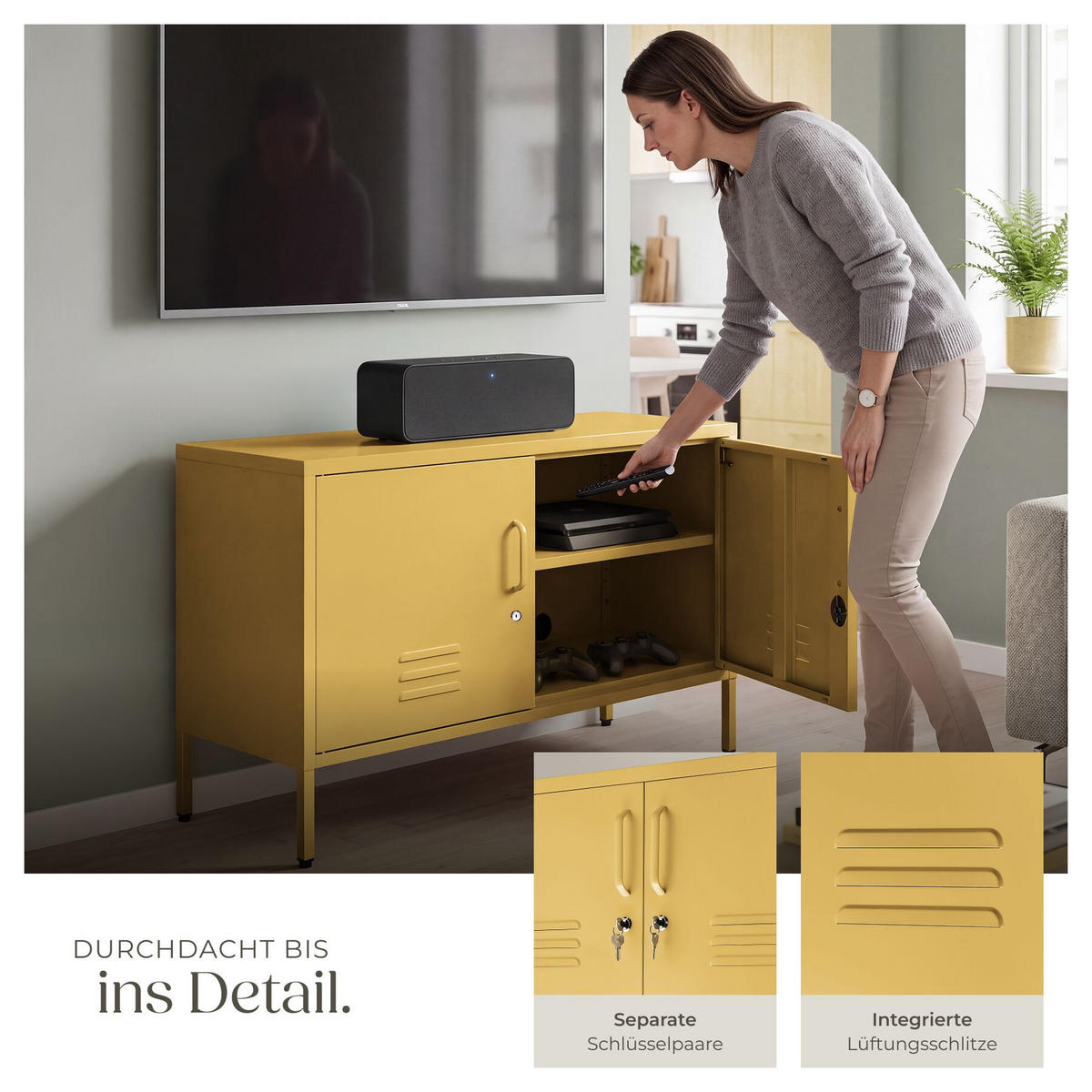 SIDEBOARD Baker, Kippschutz, höhenverstellbare Füße, gelb - Gelb, Metall (100/65/42.5cm) - tectake