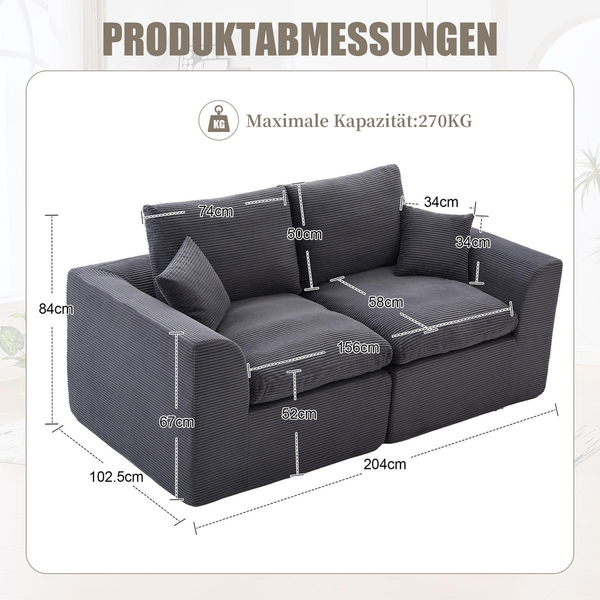 2-SITZER-SOFA XXL aus Cord mit Federkern-Polsterung Montagefrei - Dunkelgrau, Textil (204/84/102cm) - Urban Meuble