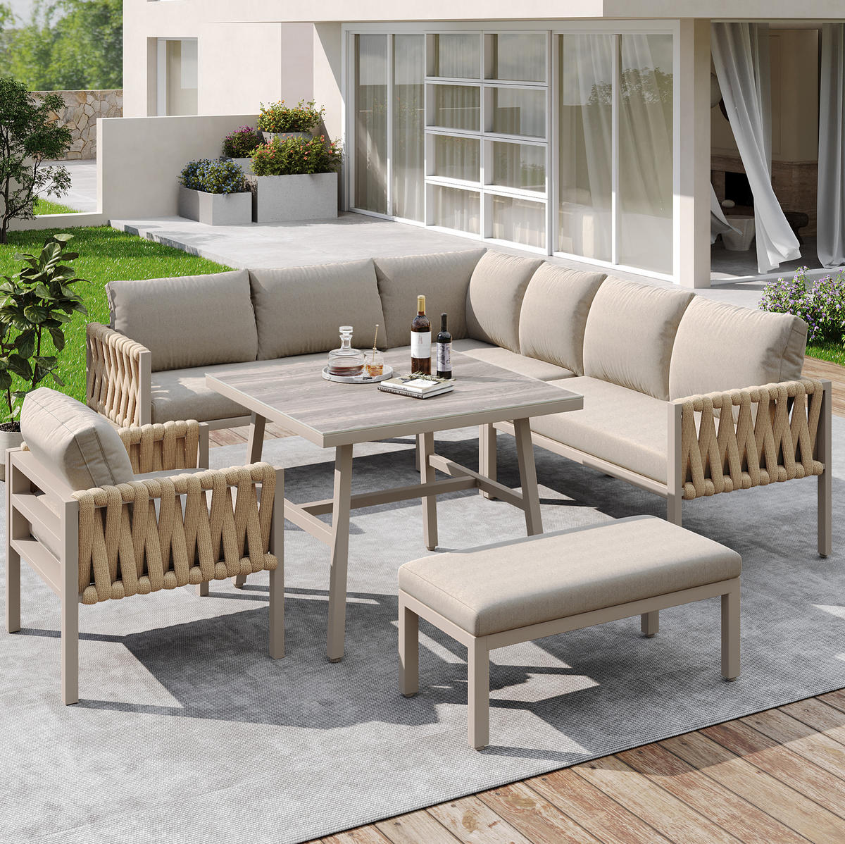 GARTENMÖBELSET mit Metallgestell, Ecksofa + Tisch mit Glasplatte, 238/61/78 cm, Beige - Beige, Metall - Redom
