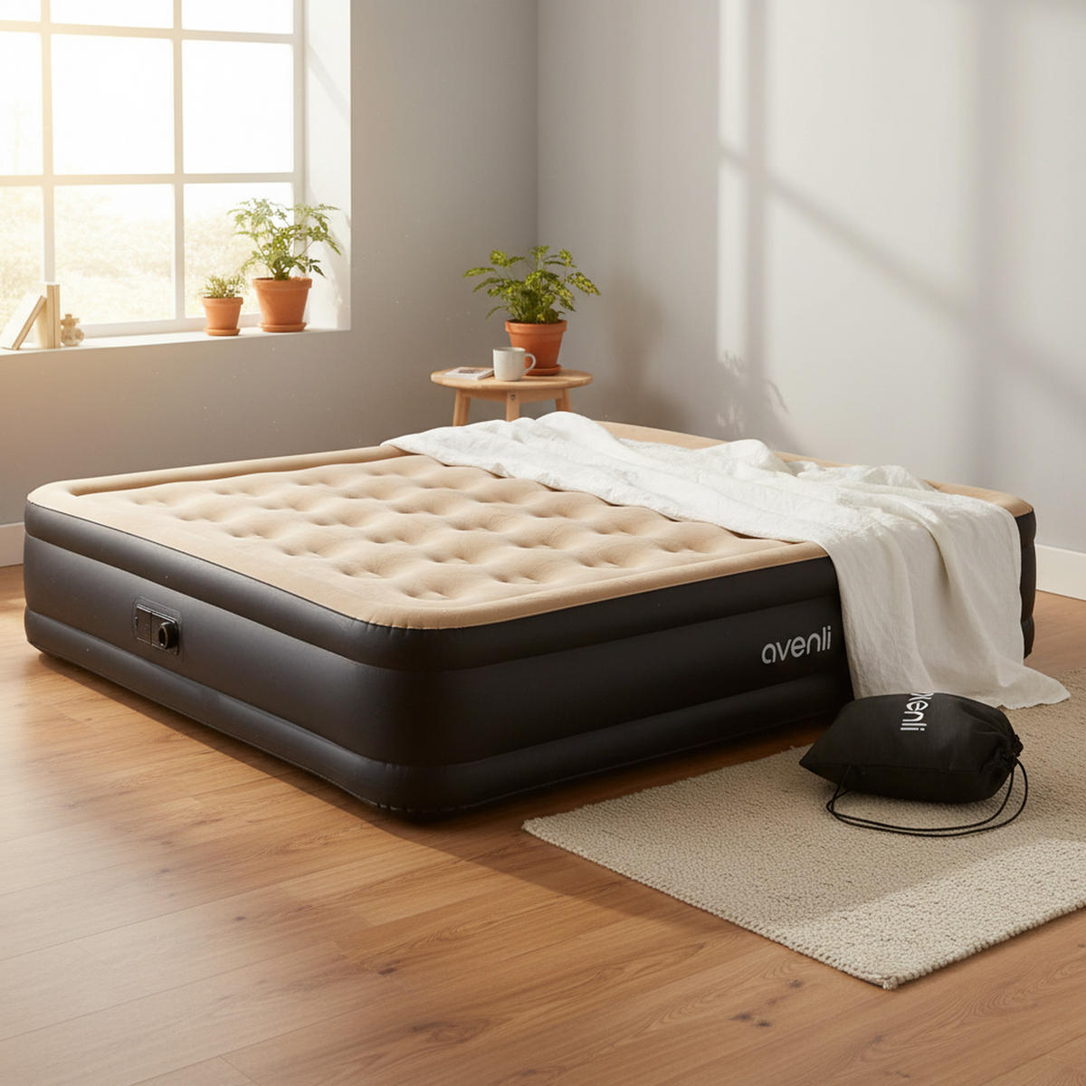 LUFTBETT Luftmatratze selbstaufblasend 203 x 157 x 47 cm mit integrierter Pumpe - Beige/Schwarz, Kunststoff (157/203cm) - Avenli