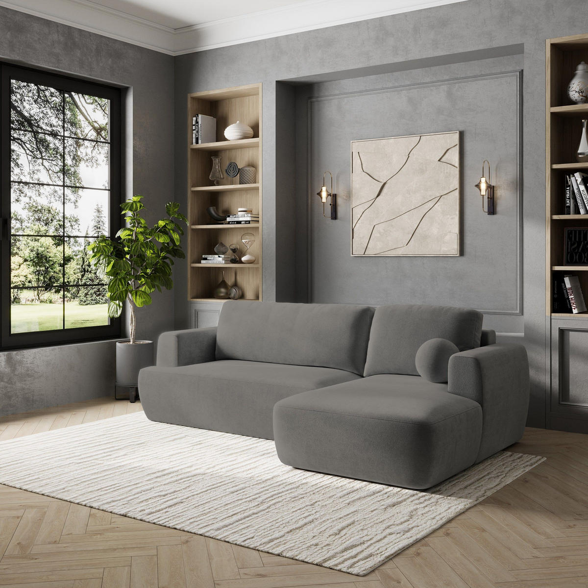 ECKSOFA SENTI K R-S Grau Plüsch-Stoff mit Schlaffunktion - Grau, Holz (246/148cm) - MASSENO