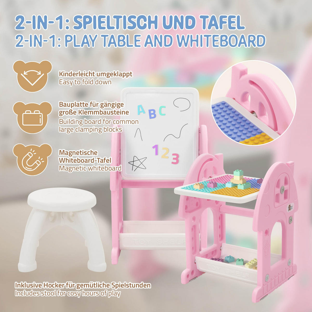 KINDERSPIELTISCH 2in1 mit Hocker Rosa-Weiß - Pink, Kunststoff (39/71/37.5cm) - Joyz