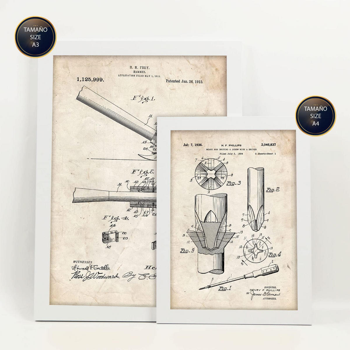 POSTER Set Mit 6 Plakaten Mit Bauwerkzeuge 2 Patenten Im Vintage Stil A3 & A4 Weißer Rahmen - Weiß, Papier (29/3cm) - Nacnic