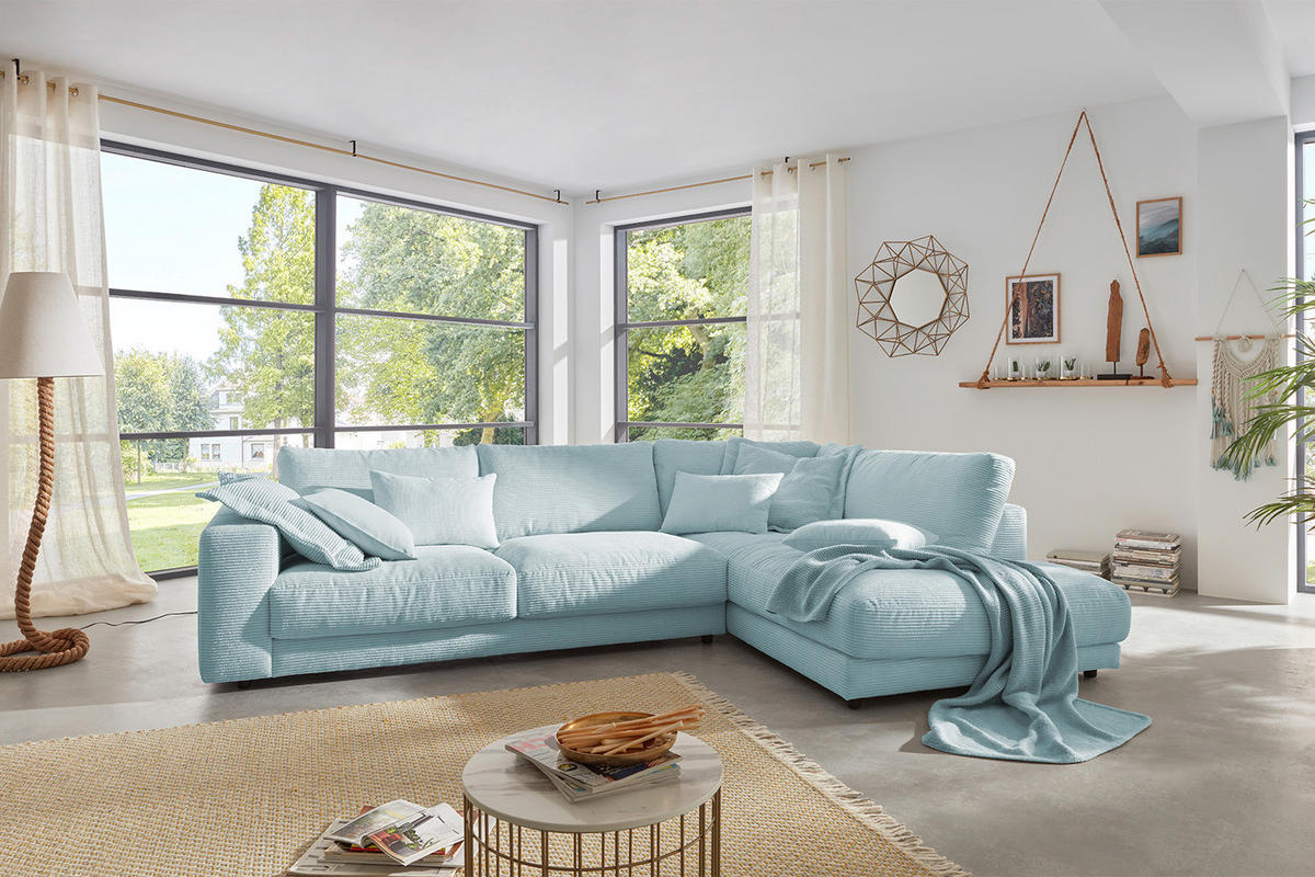 ECKSOFA MADELINE Hellblau Cord - Schwarz/Hellblau, Kunststoff/Textil (325/224cm) - KAWOLA