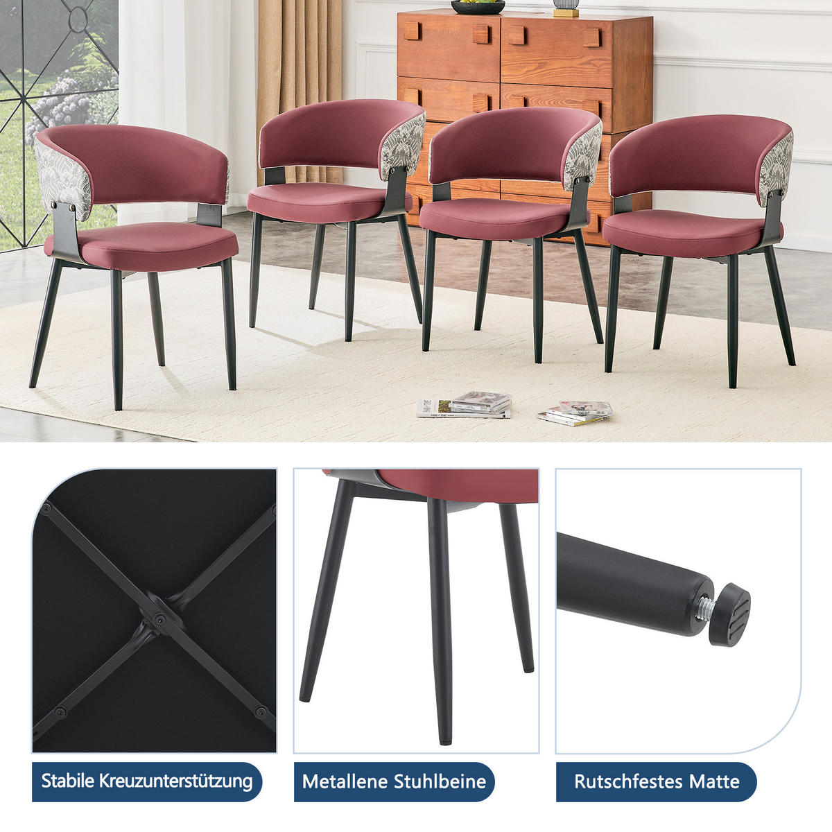 ARMLEHNSTUHL-SET DE-36711 2 Stück im Mid-Century-Modern-Stil mit gemusterter Rückenlehne Rot - Rot, Metall (48/77.3/46.5cm) - ComfortXL