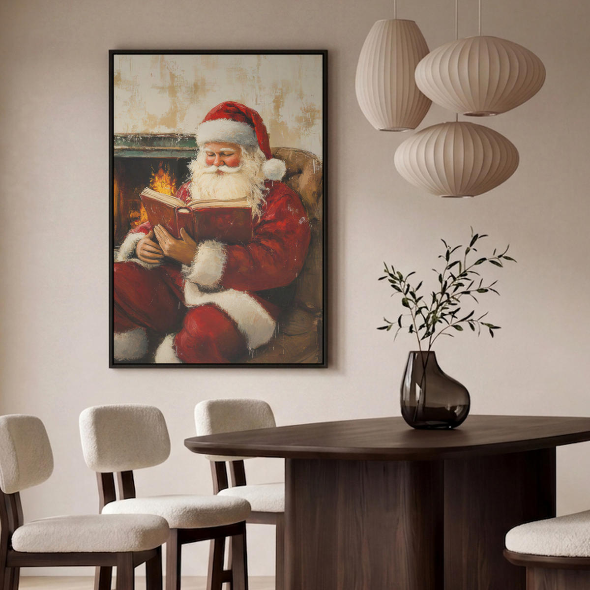 LEINWAND Bilder mit Rahmen - Weihnachten - Weihnachtsmann - Winter - Open Fireside - 100x150 - Dunkelrot, Textil (100/150cm) - MuchoWow