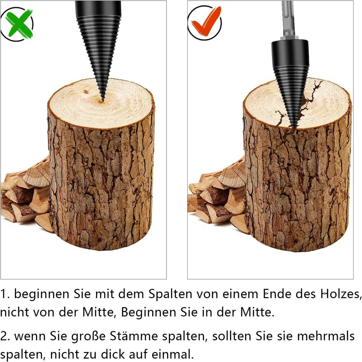 STECHBEITEL – zum Spalten von Holz – mit 3 Bohrern, 32 mm - Schwarz, Metall (9.2/3.2/1cm) - DCA