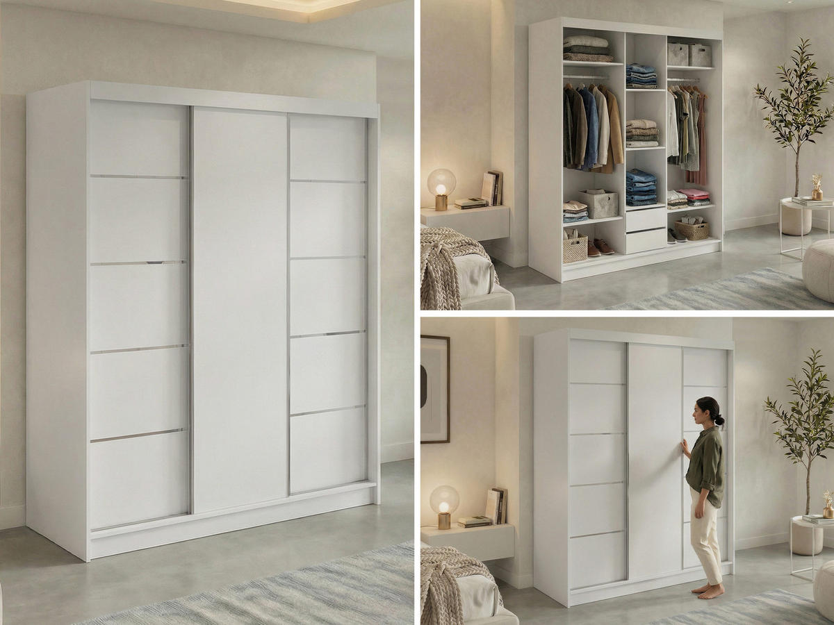 SCHWEBETÜRENSCHRANK mit Schubladen 180 - MACEDONIA - Weiß - Alufarben/Weiß, Holzwerkstoff/Metall (180/216/61cm) - MKS