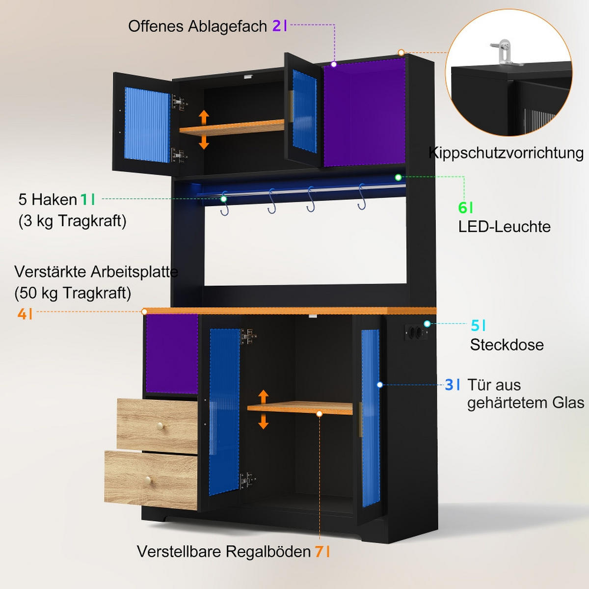 KÜCHENSCHRANK HOCHSCHRANK mit LED und Steckdose, Vitrine mit Glastüren, MDF Schwarz Holzoptik, 110/40/178 cm - Schwarz, Kunststoff (40/178/110cm) - Rolipo