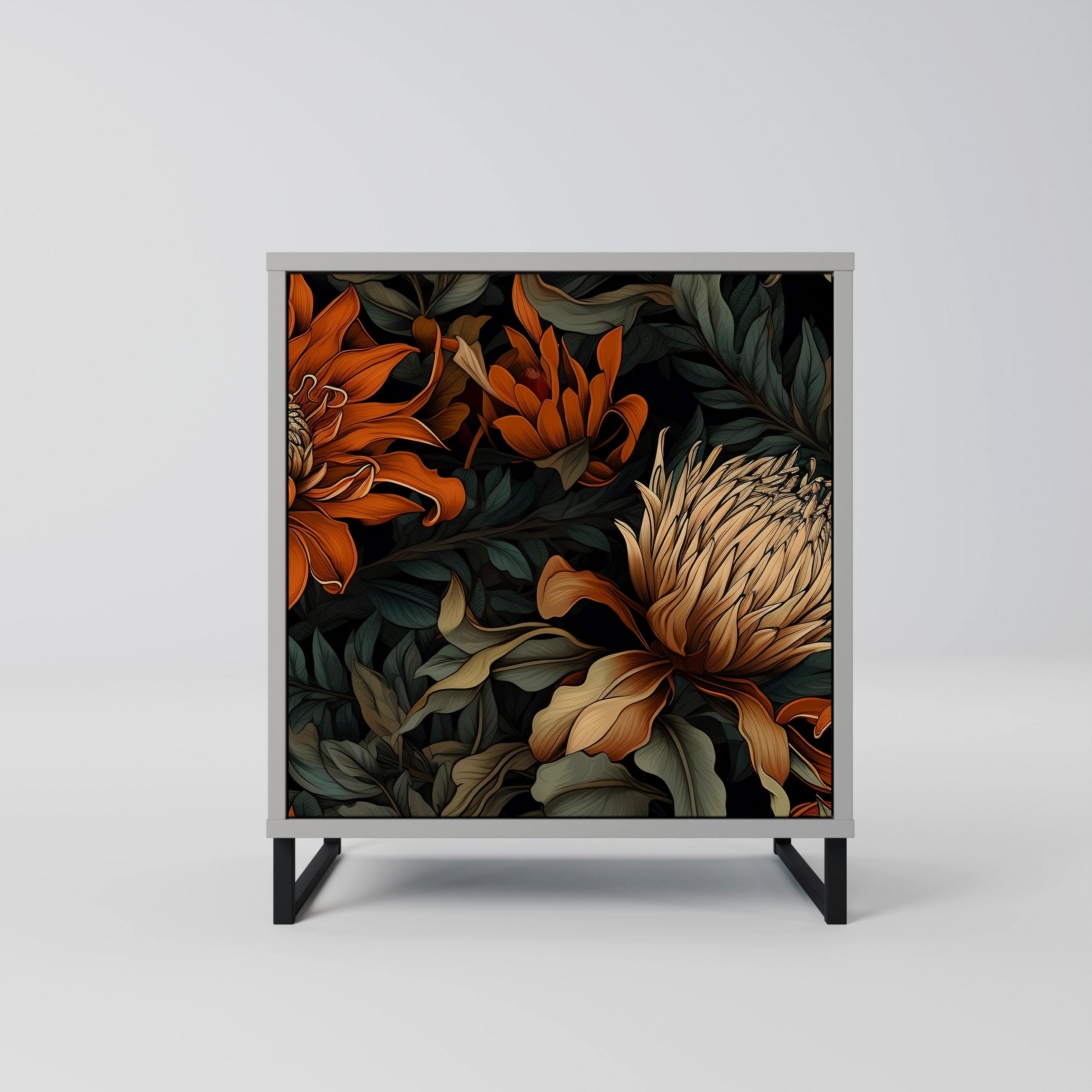 SIDEBOARD DAWN BLOOM, Grau, 57,5x42x67,5 cm, Schwarze Metall-Rahmenfüße - Multicolor/Schwarz, Holzwerkstoff/Metall (57.5/67.5/42cm) - SpaceRebels