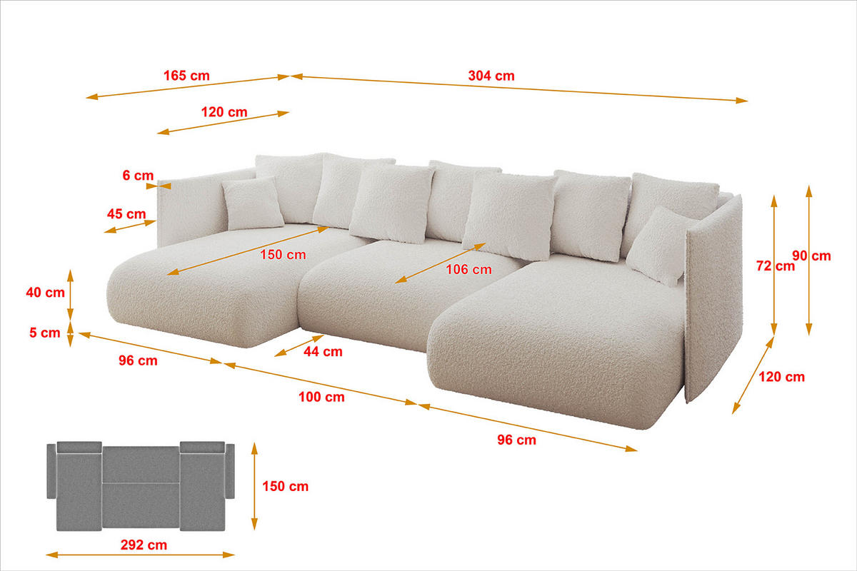 WOHNLANDSCHAFT mit Schlaffunktion und Bettkasten ONESK-U 304x165x40 Weiß Bouclé - Weiß, Holzwerkstoff/Kunststoff (304/90/165cm) - ALTDECOR