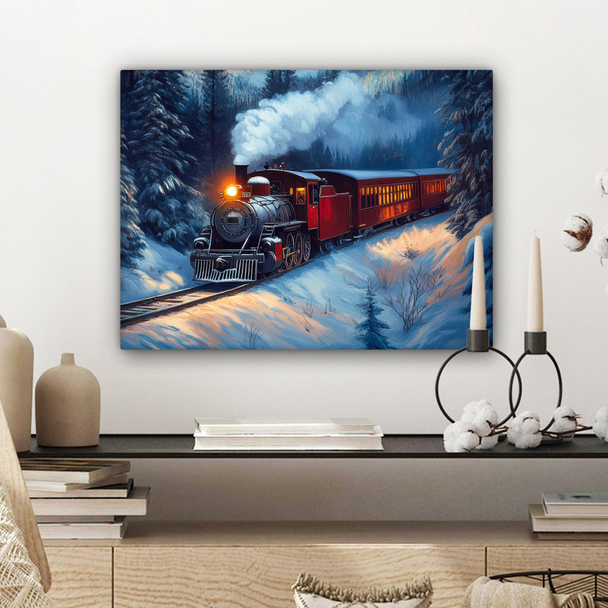 LEINWANDBILD Zug - Weihnachten - Schnee - Weihnachtszug 40x30 cm - Anthrazit, Textil (40/30cm) - MuchoWow