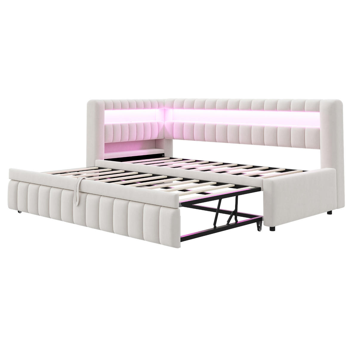 POLSTERBETT 90x200 Beige Samt LED USB - Beige, Textil (90/200cm) - FLIEKS