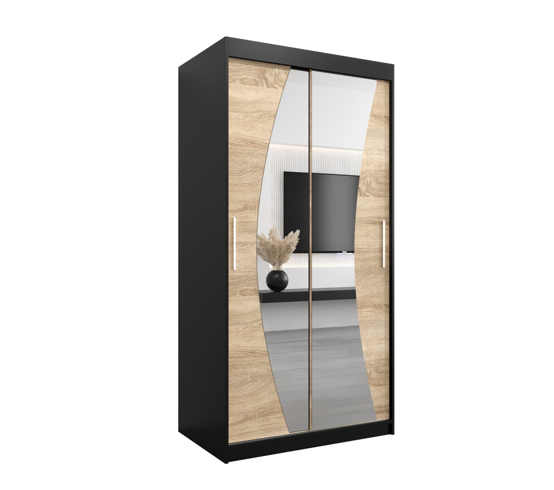 Abiks Möbel Schwebetürenschrank Schwarz, Sonoma Eiche 100x200x62 cm