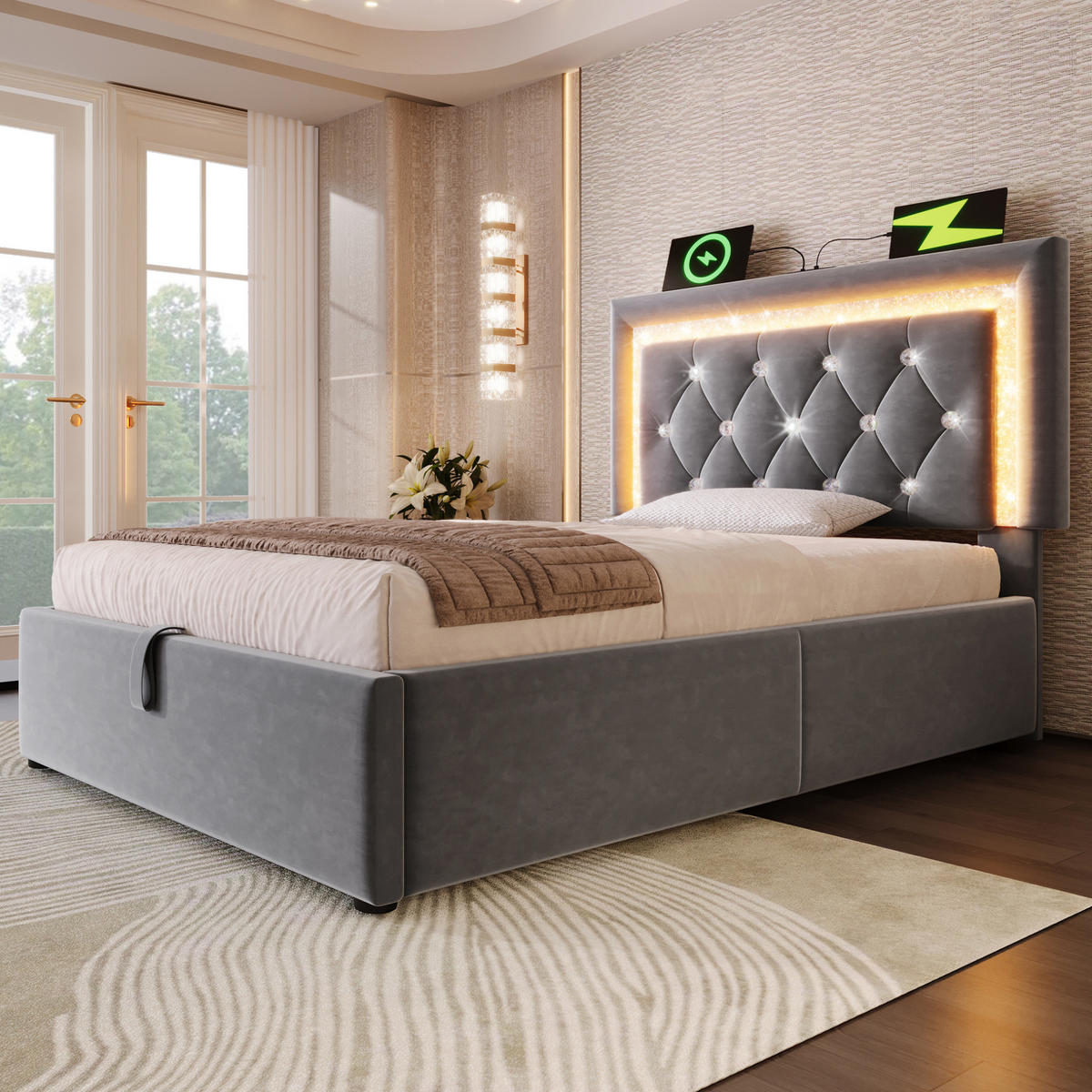 SAMT-POLSTERBETT 90/200 cm mit LED-Beleuchtung, Bettkasten und gepolstertem Kopfteil - Grau, Textil (90/200cm) - BEAOK