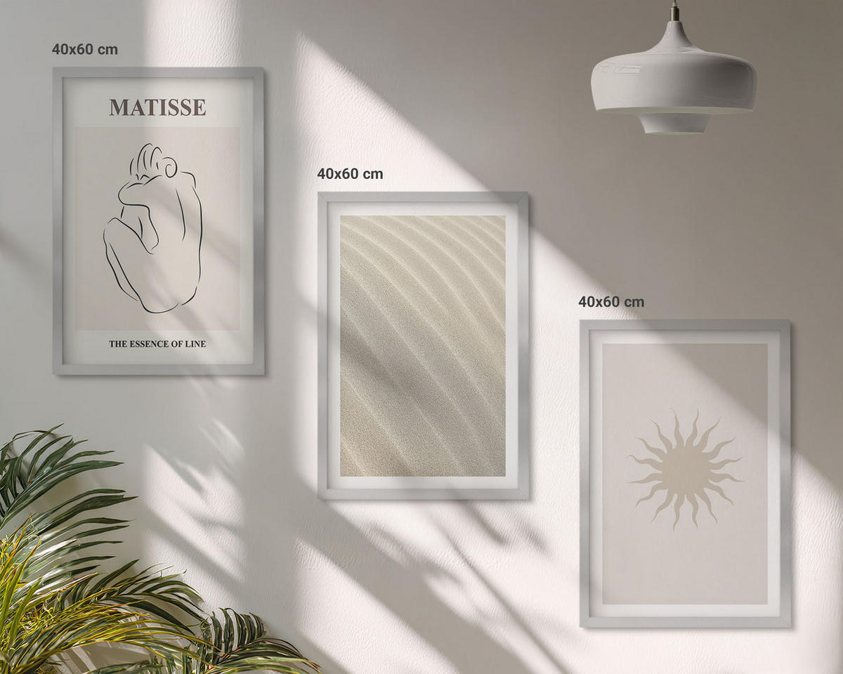 BILDER SET 3er Set - 40x60 cm Silberner Rahmen - Minimalistische Sandlinien Sonne - Silberfarben, Kunststoff (40/60cm) - TULUP
