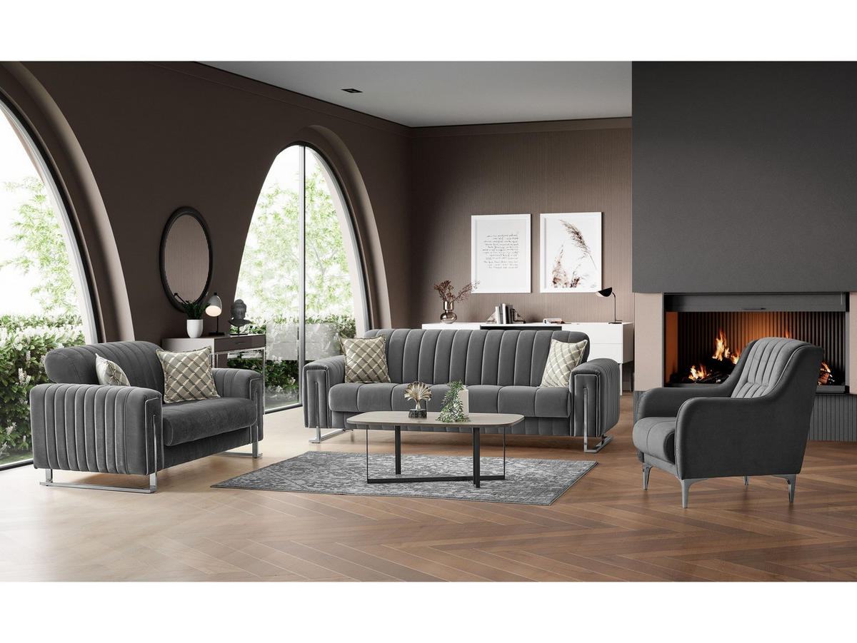 SITZGARNITUR Kochi, Grau Stellvariante 3+3+1 - Grau, Holzwerkstoff/Metall (243/85/95cm)