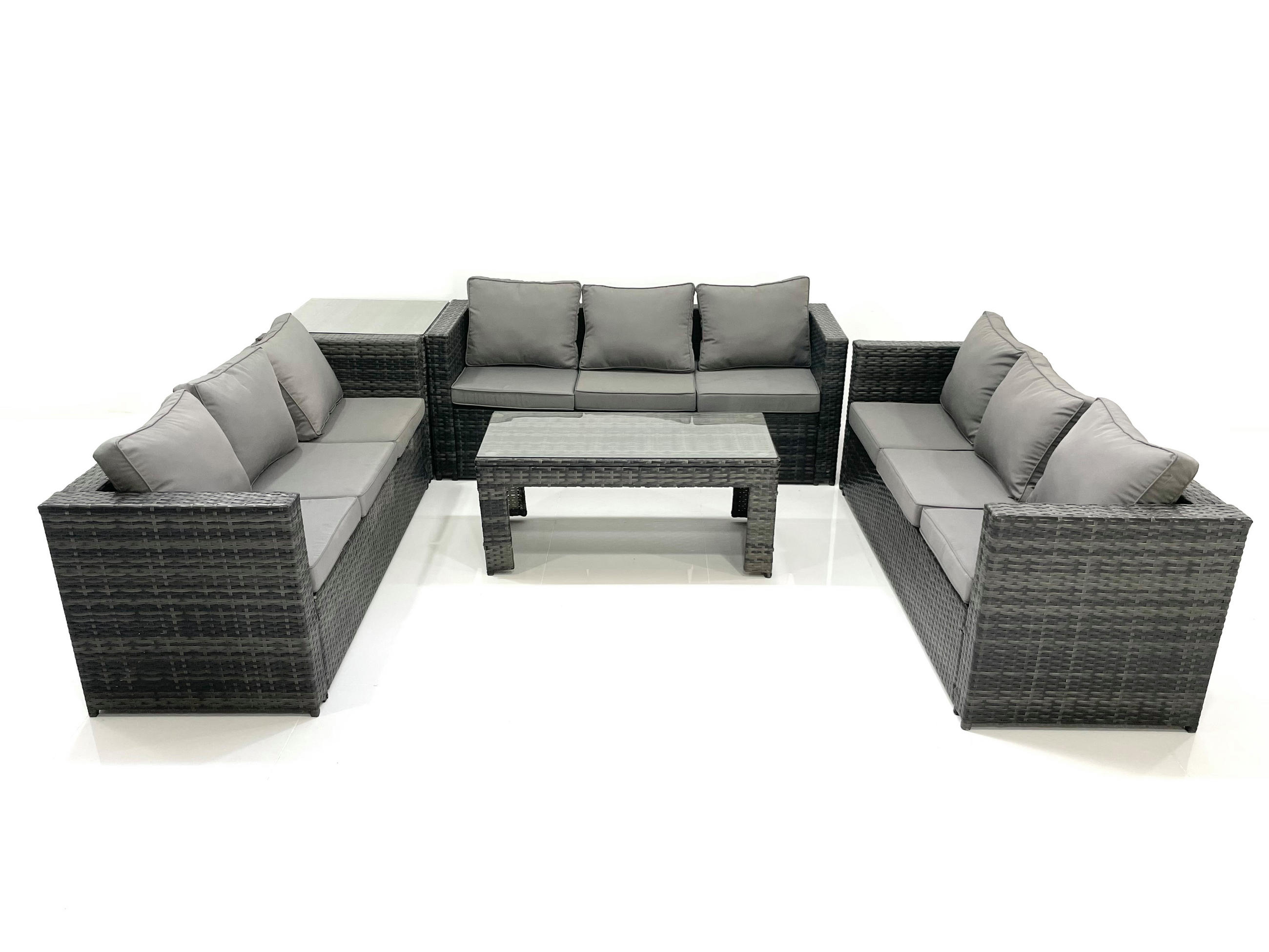 GARTENMÖBEL COUCHTISCH SET mit Sofa Polyrattan Outdoor 9-Sitzer - Dunkelgrau/Grau, Glas/Kunststoff - Fimous