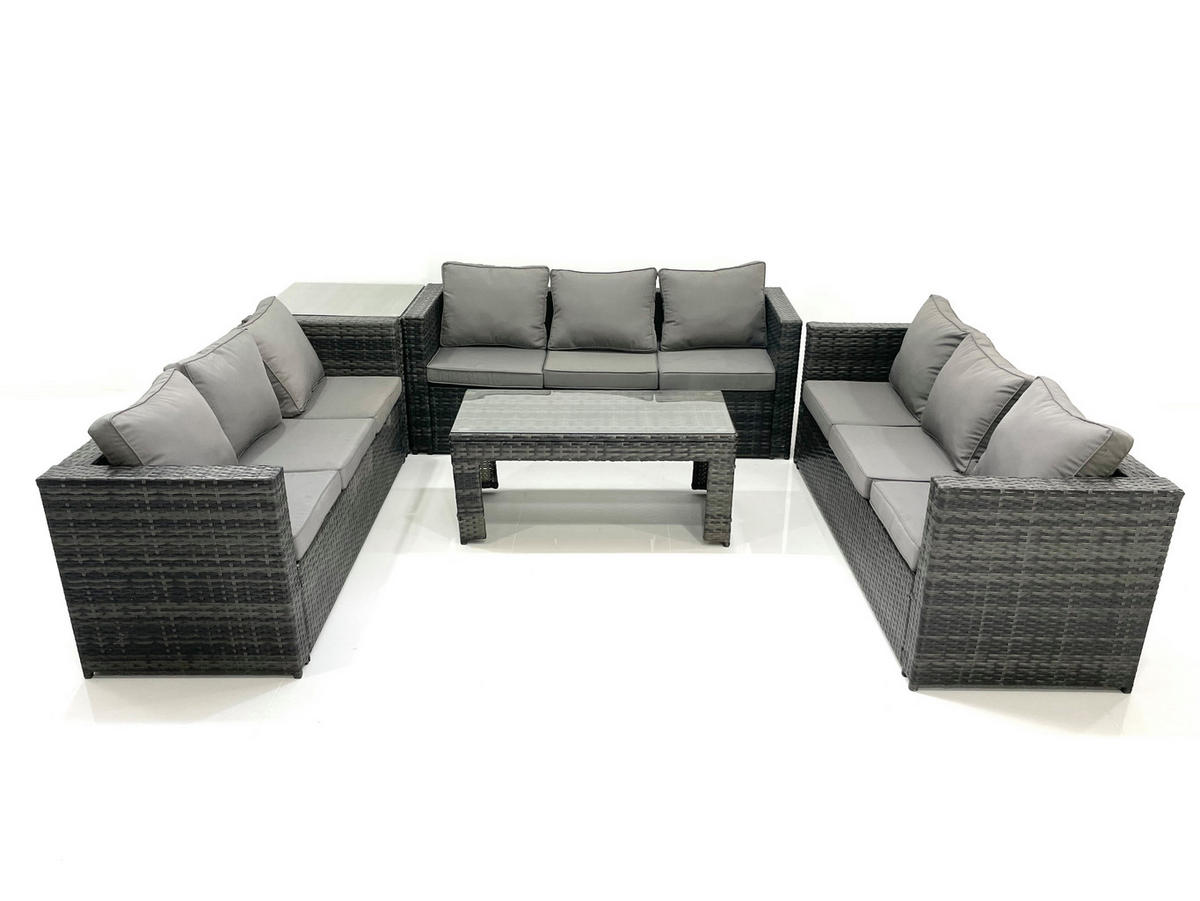 GARTENMÖBEL COUCHTISCH SET mit Sofa Polyrattan Outdoor 9-Sitzer - Dunkelgrau/Grau, Glas/Kunststoff - Fimous