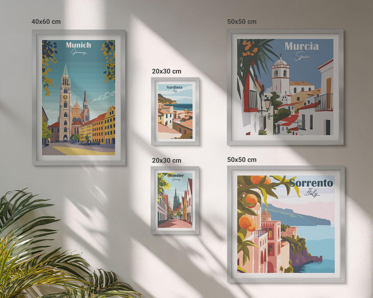 WANDBILDER 5er Set - 50x50 cm & 20x30 cm & 40x60 cm Silberner Rahmen - Retro-Stadtillustrationen - Silberfarben, Kunststoff (40/60cm) - ArtPrintCave