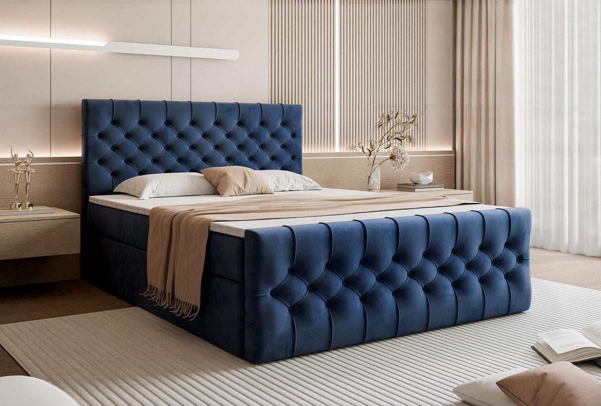 BOXSPRINGBETT Aurora mit Bettkasten, Dunkelblau Samt 180x200 cm – inkl. H3 Matratze und Topper - Schwarz/Dunkelblau, Holzwerkstoff/Kunststoff (180/200cm) - WFL GROUP