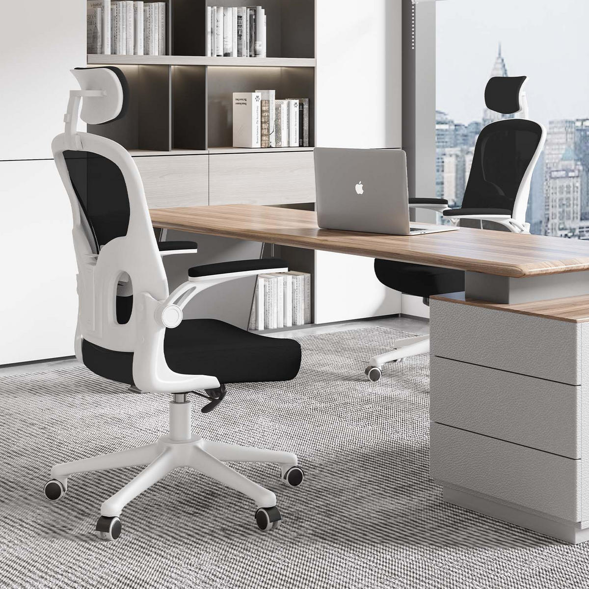 BÜROSTUHL ergonomisch, höhenverstellbar, klappbare Armlehnen, Kopfstütze – Weiß - Weiß, Metall (50.5/134/52cm) - Rattantree