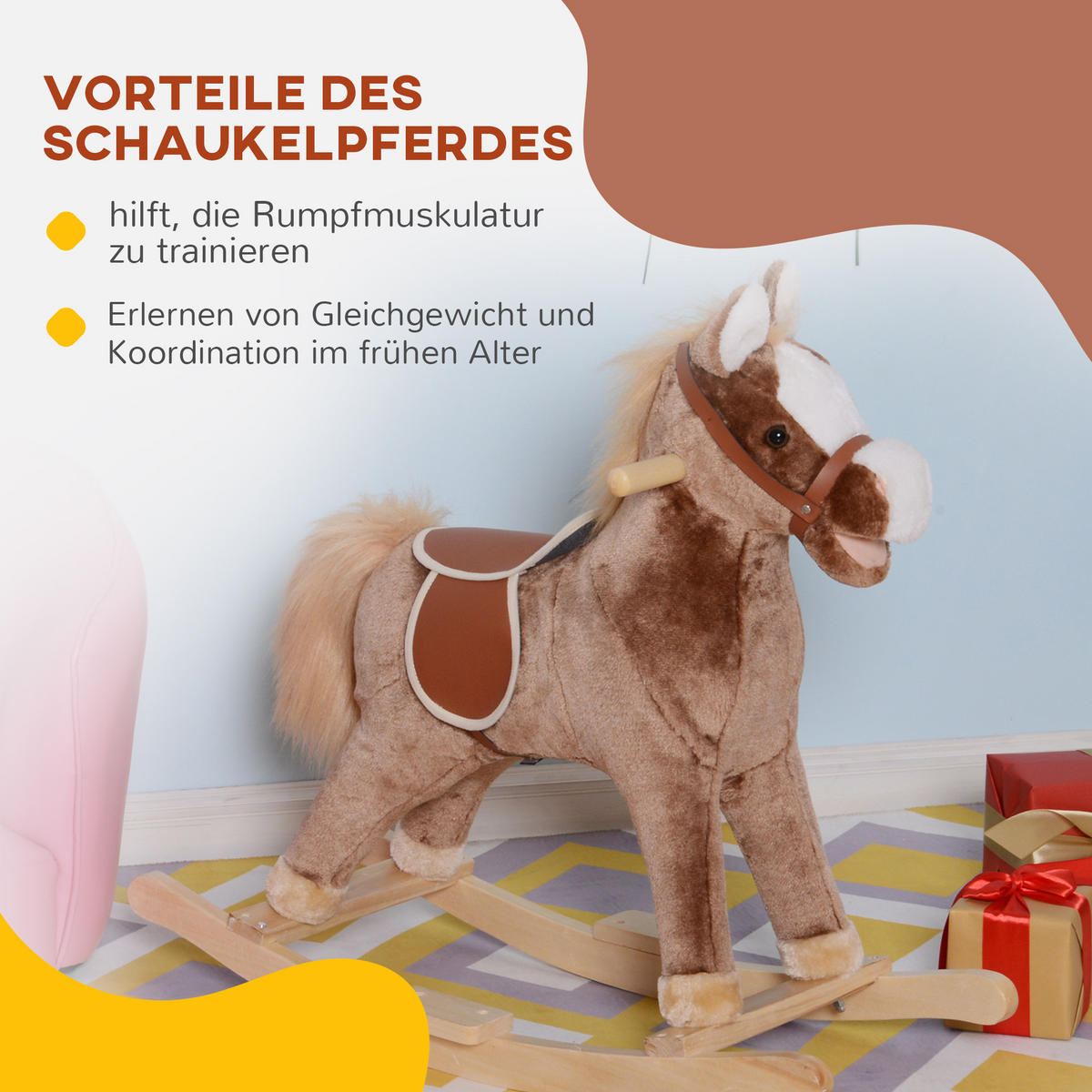 KINDER SCHAUKELTIER, Braun, Plüsch+ Pappel - Braun, Holz (33/62/74cm) - HOMCOM