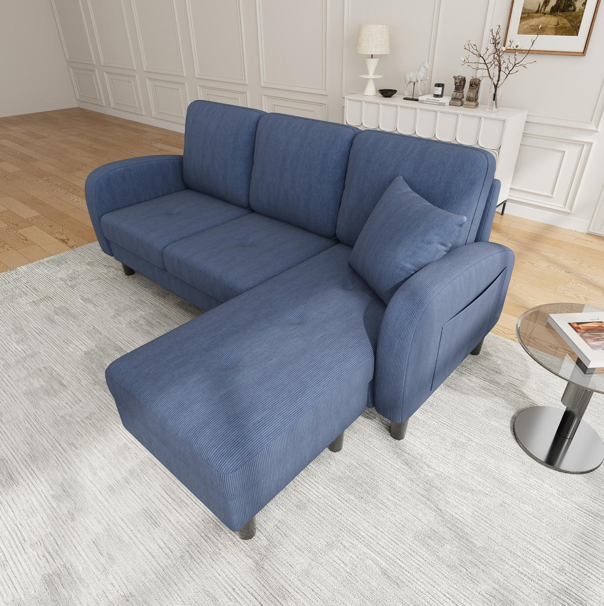ECKSOFA 166/118/77 cm blau aus Cordstoff mit modularer Chaiselongue - Blau, Kunststoff (118/166cm) - OKWISH