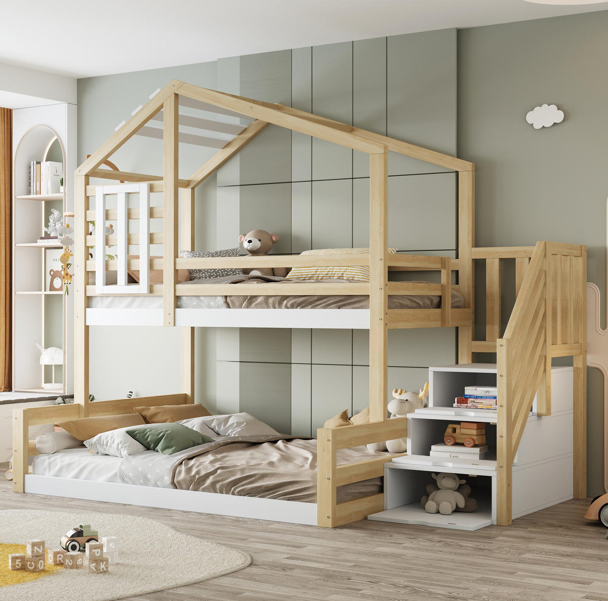 ETAGENBETT aus Kiefernholz 90x200/140x200 cm in Natur mit Treppenschrank & Fenster - Naturfarben, Holz (90/200cm) - Modfu