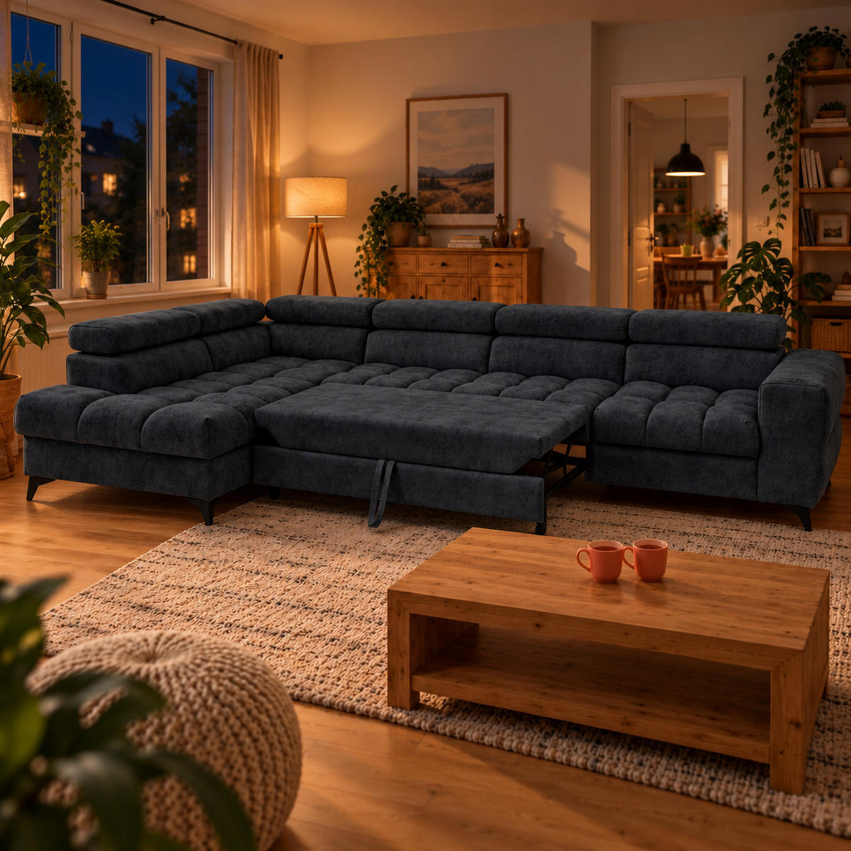 ECKSOFA PUDDING MAXI L Links mit Schlaffunktion 125x195 Velours Schwarz - Schwarz, Holz/Textil (350/203cm) - Muffo