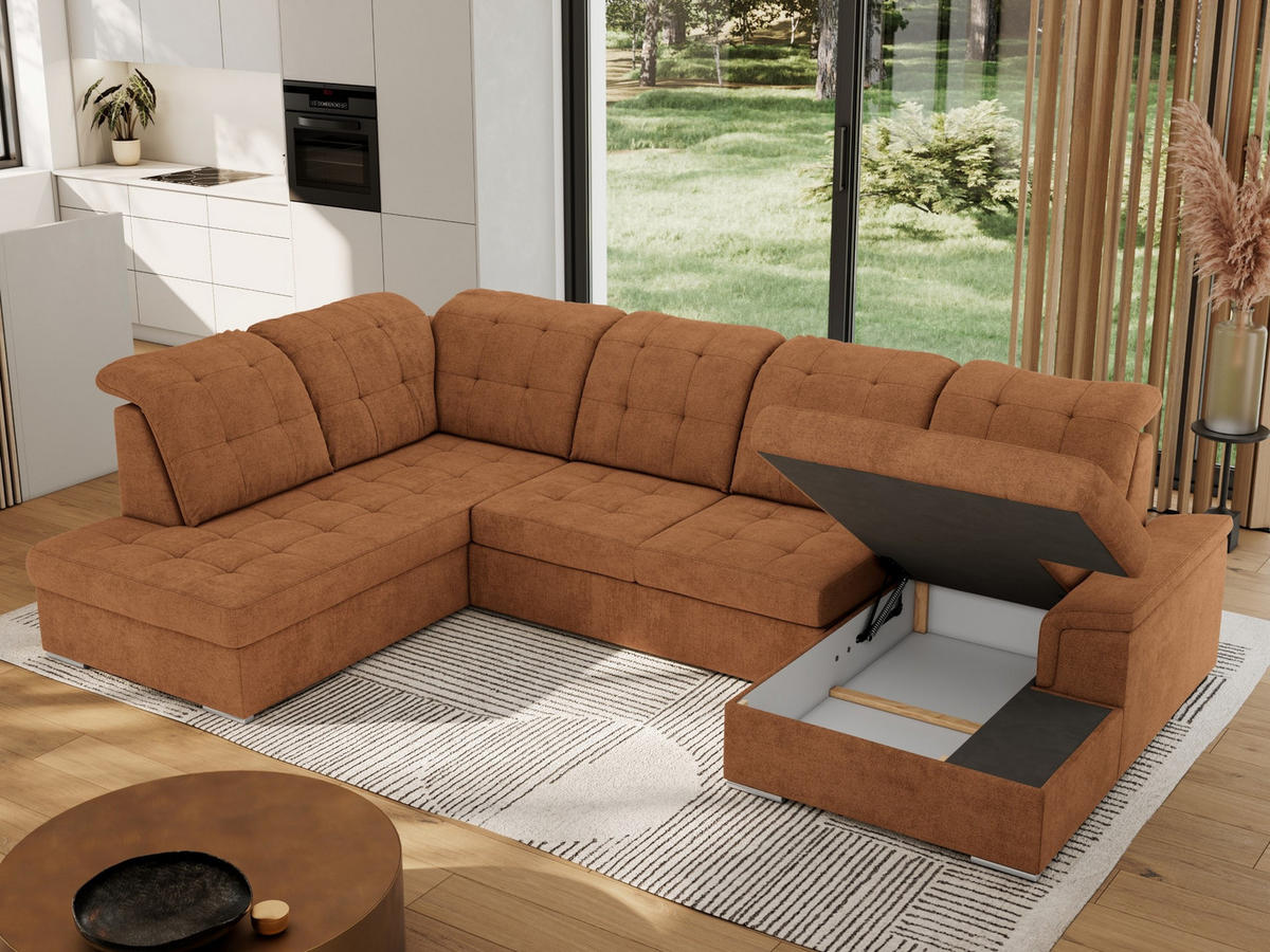 WOHNLANDSCHAFT MADRITO U - Orange Struktur - Links - Silberfarben/Orange, Textil/Metall (204/89/323cm) - MKS