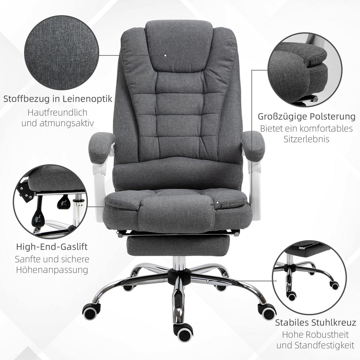 BÜROSTUHL höhenverstellbarer Schreibtischstuhl mit Fußstütze, Leinenoptik Grau - Grau, Metall (70/118/65cm) - Vinsetto