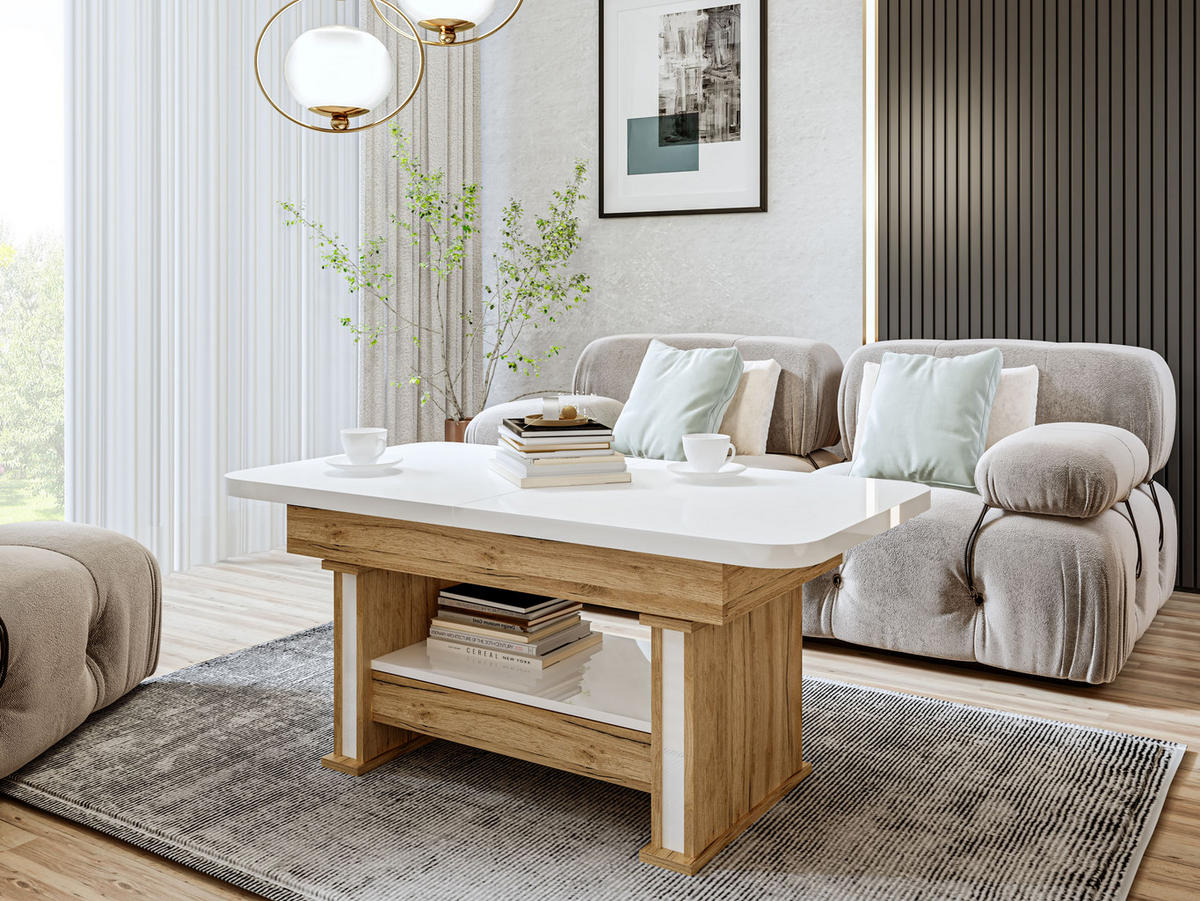 COUCHTISCH rechteckig Weiß Hochglanz Eiche Gold ausziehbar höhenverstellbar - Weiß Hochglanz/Eichefarben, Holzwerkstoff (70/120/60cm) - designimpex